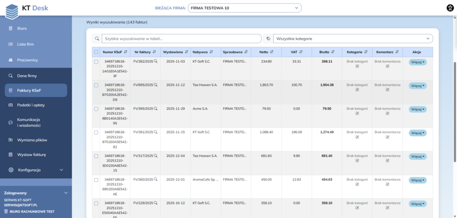 KT Desk - lista faktur